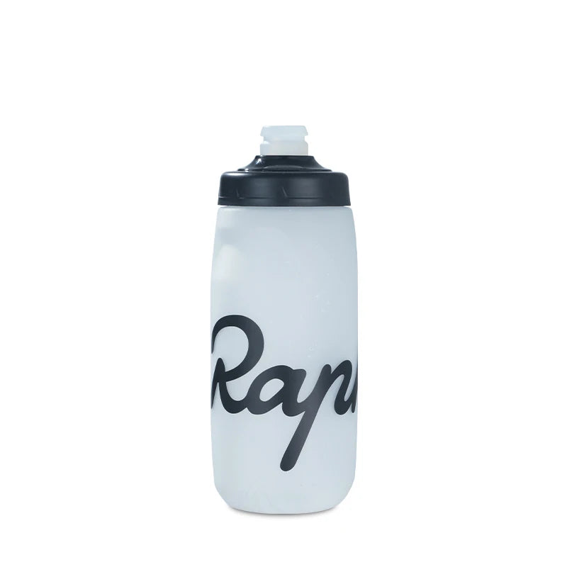 750ml matte grey Rapha cycling water bottle with black lid and logo, front-facing squeeze design